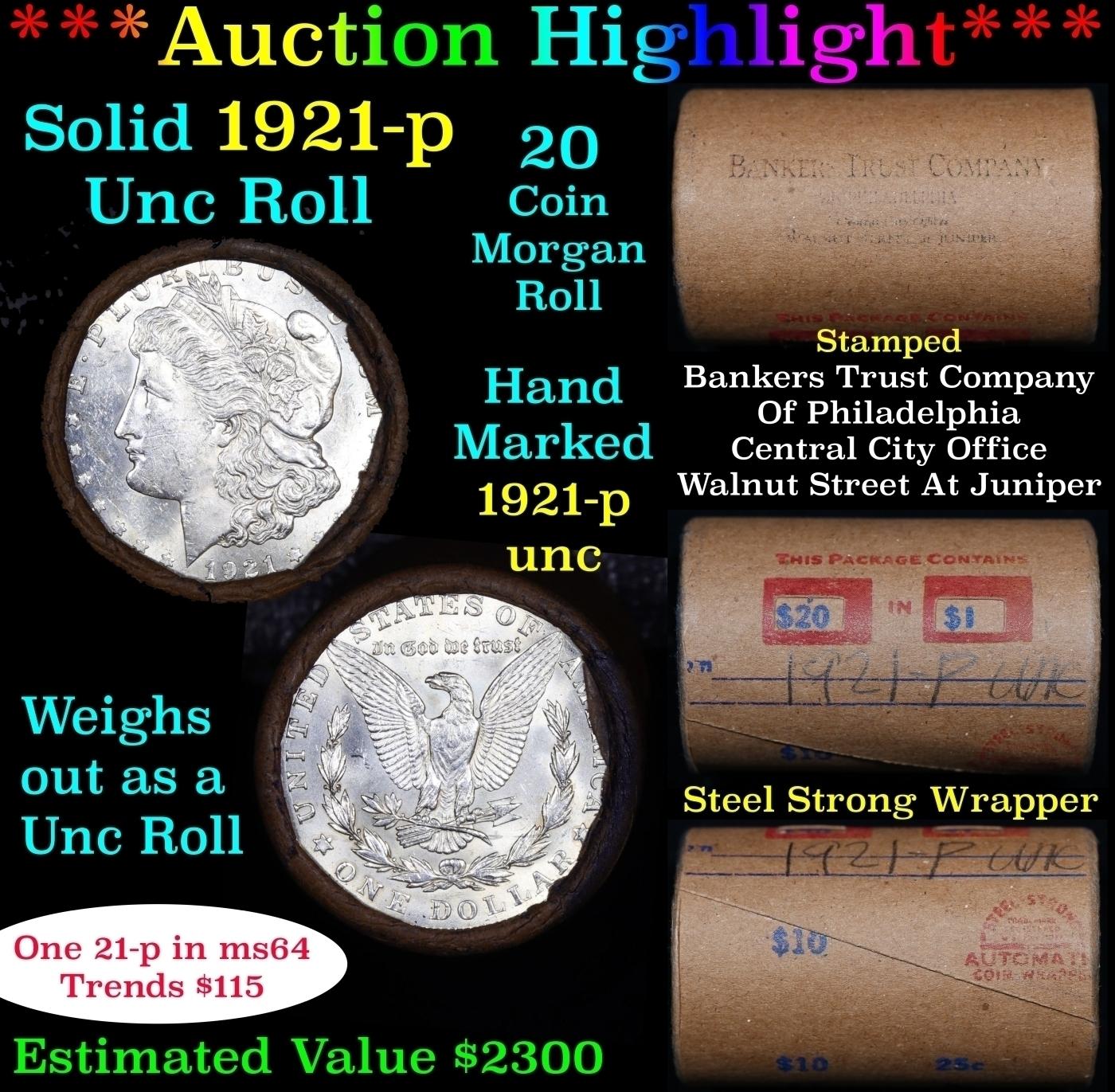 Full solid date 1921-p Uncirculated Morgan silver dollar roll, 20 coins