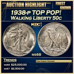 1938-p Walking Liberty Half Dollar TOP POP! 50c ms68 SEGS