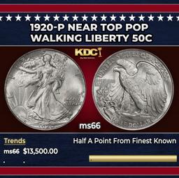 1920-p Walking Liberty Half Dollar Near Top Pop 50c ms66 SEGS