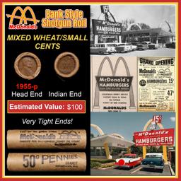 Lincoln Wheat Cent 1c Mixed Roll Orig Brandt McDonalds Wrapper, 1955-p end, Indian other end