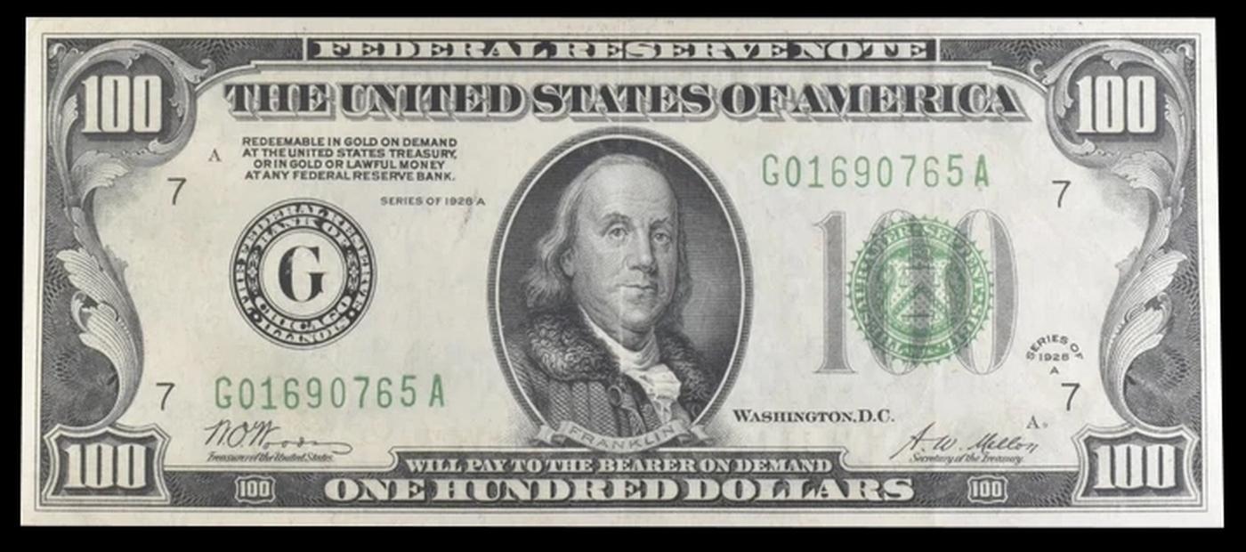 1928A $100 Green Seal Federal Reserve Note "Redeemable In Gold" Grades au55