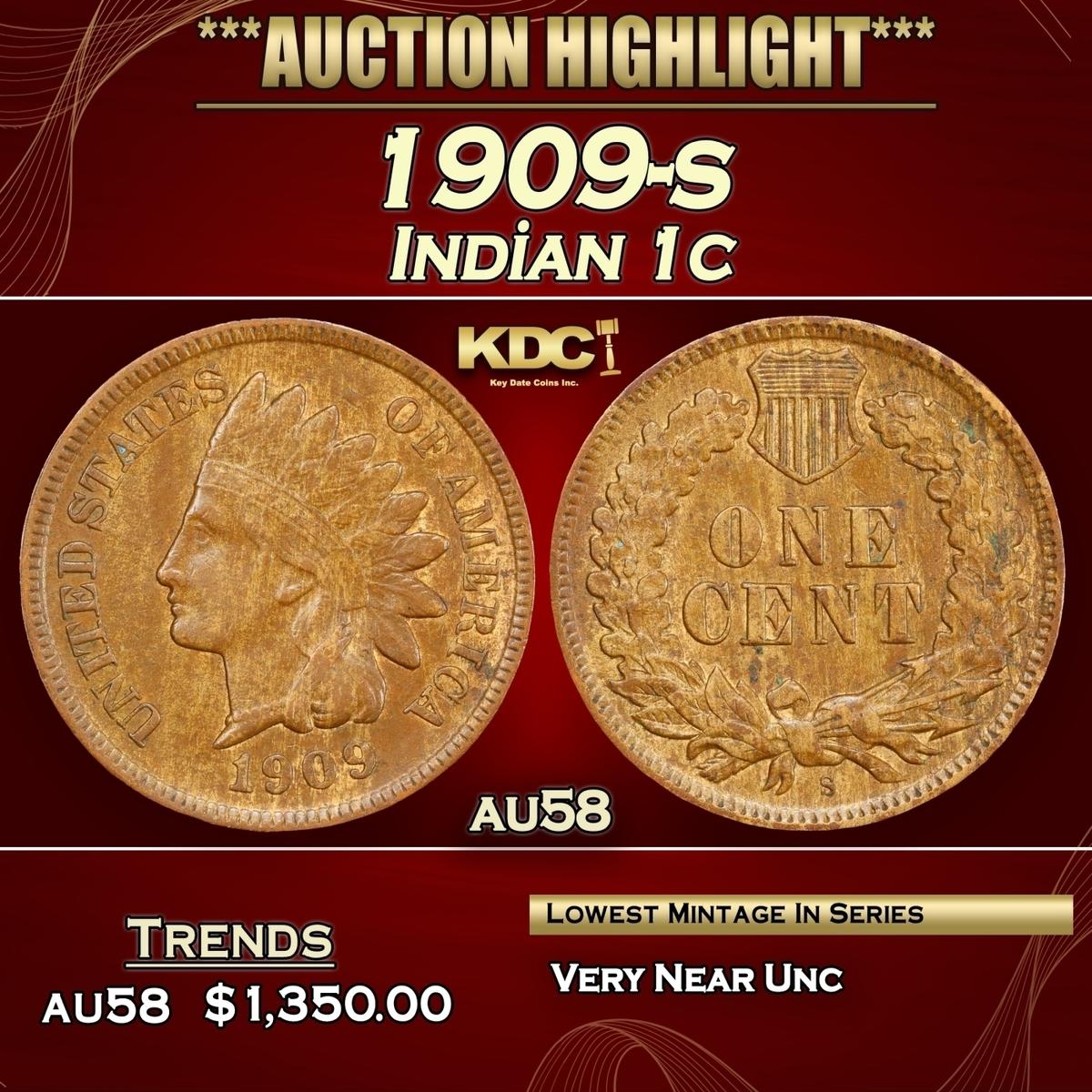 1909-s Indian Cent 1c au58 SEGS