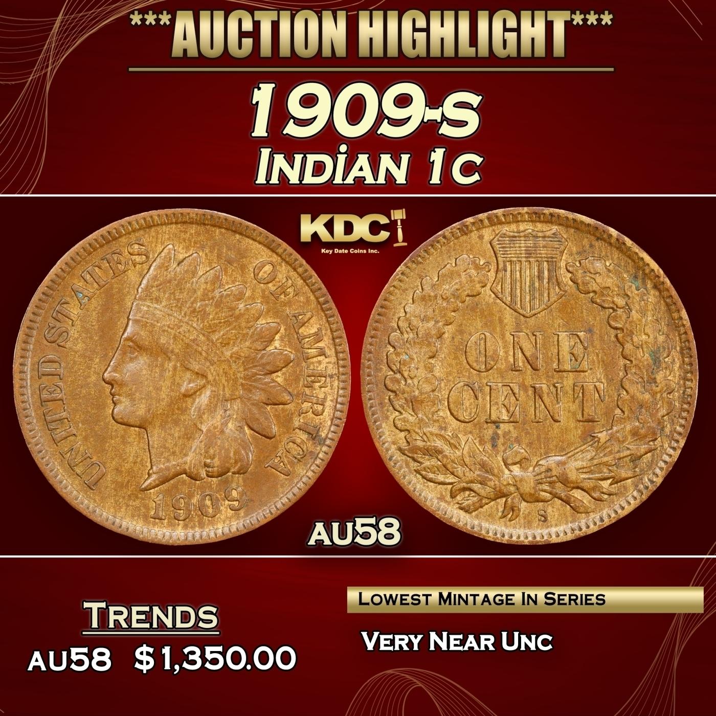 1909-s Indian Cent 1c au58 SEGS