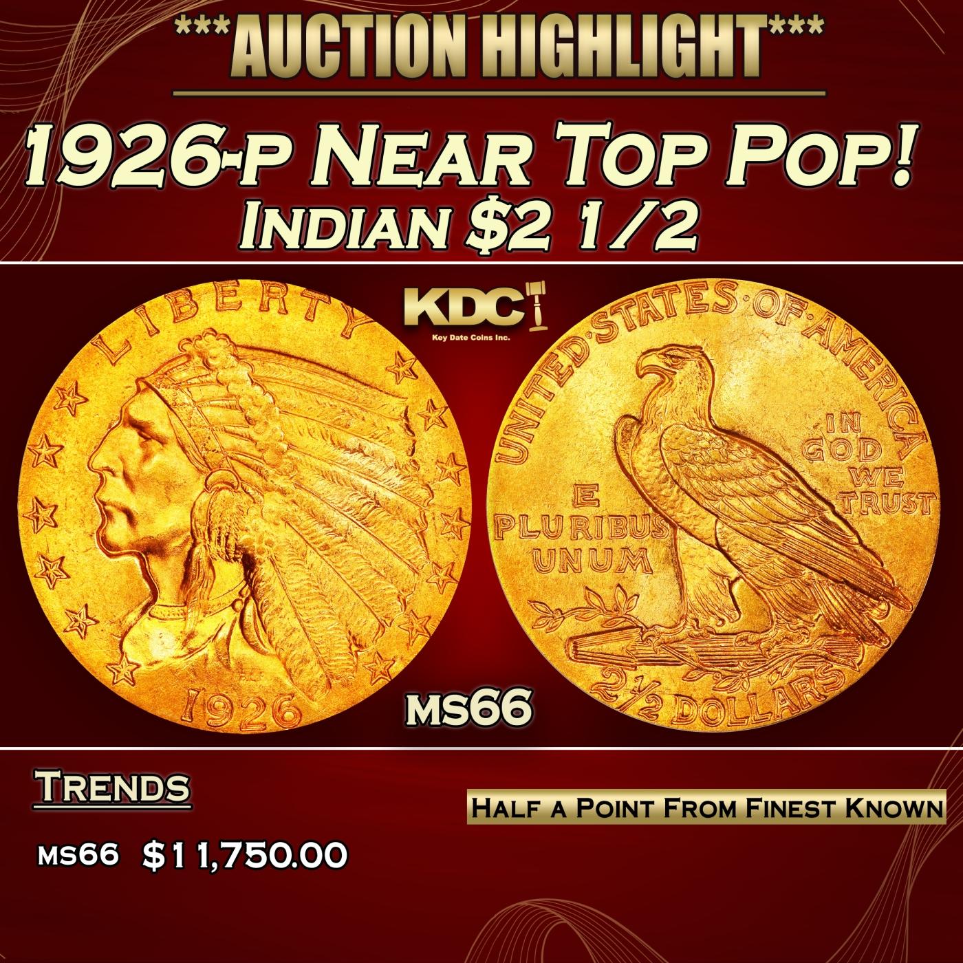 1926-p Gold Indian Quarter Eagle Near Top Pop! $2 1/2 ms66 USCG