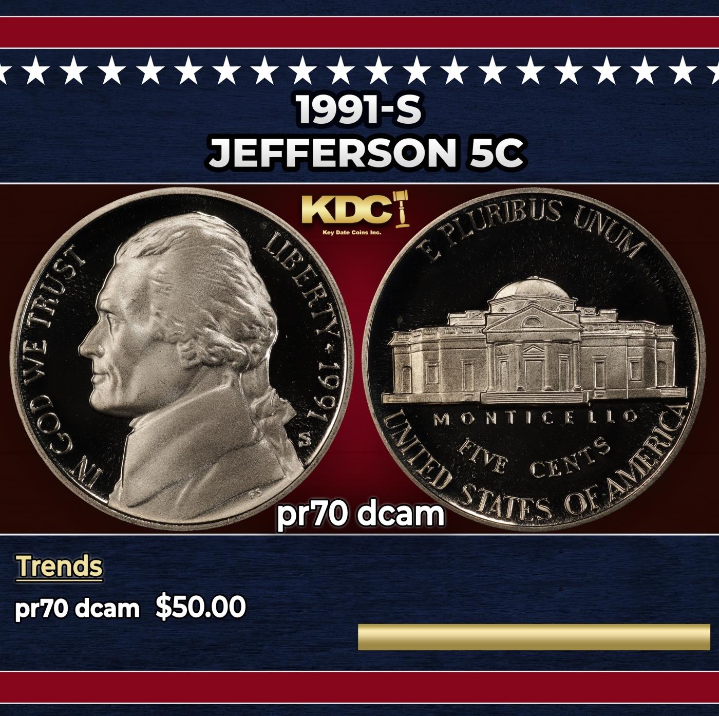 1991-s Proof Jefferson Nickel 5c pr70 dcam SEGS