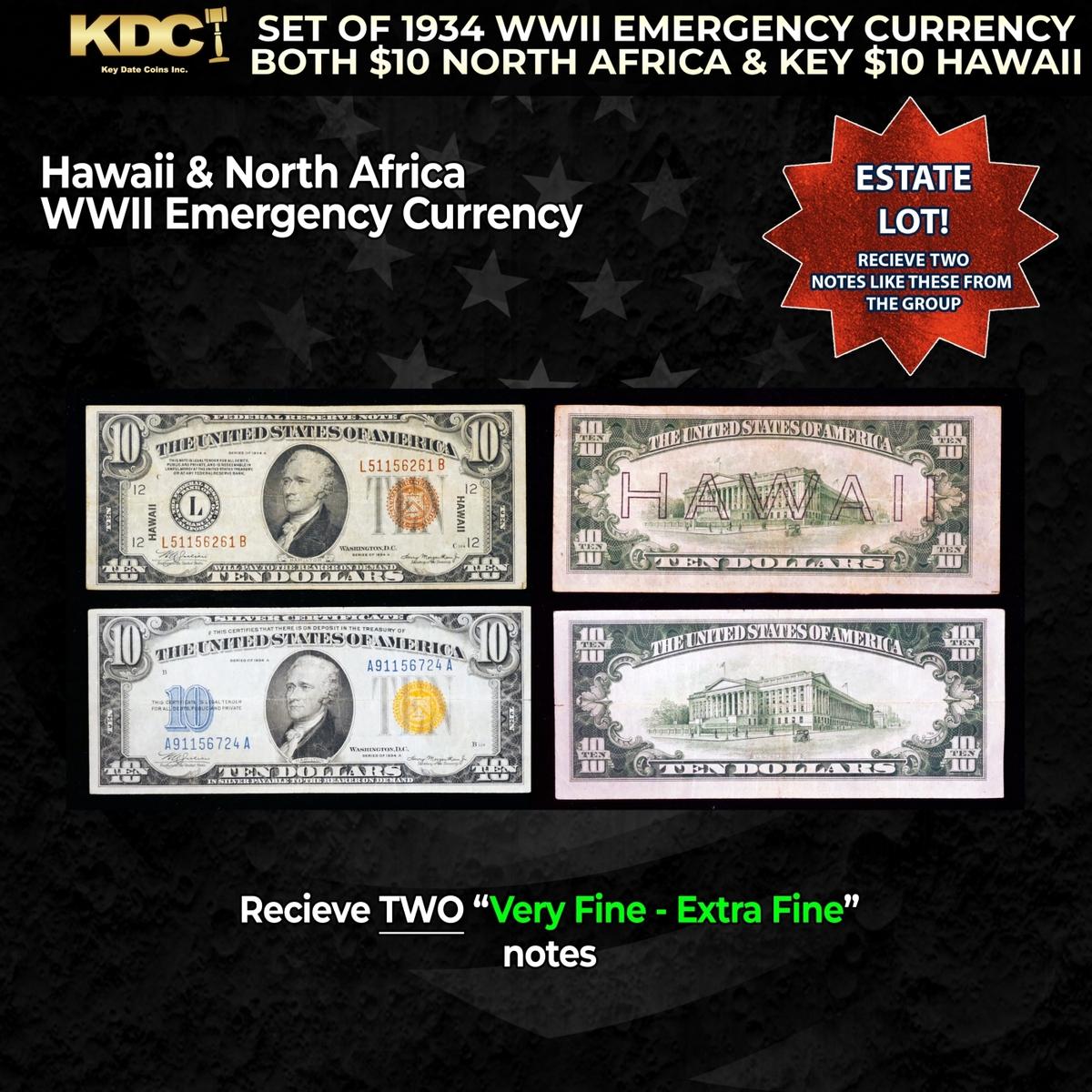 Set of 1934 WWII Emergency Currency Both $10 North Africa & KEY $10 Hawaii Grades VF/XF