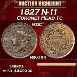 1827 Coronet Head Large Cent N-11 1c ms63 bn USCG