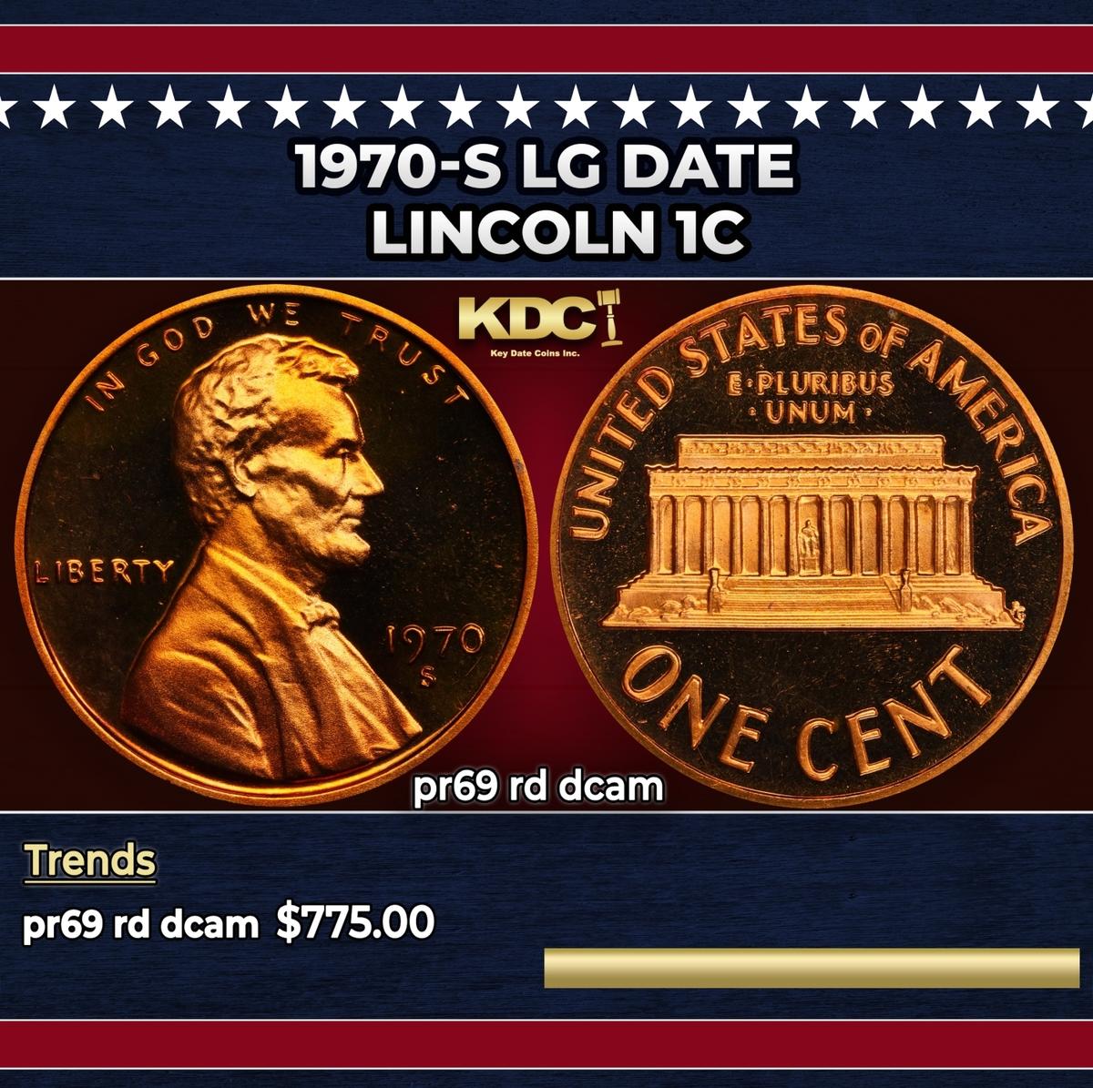 1970-s Lg Date Proof Lincoln Cent 1c pr69 rd dcam SEGS