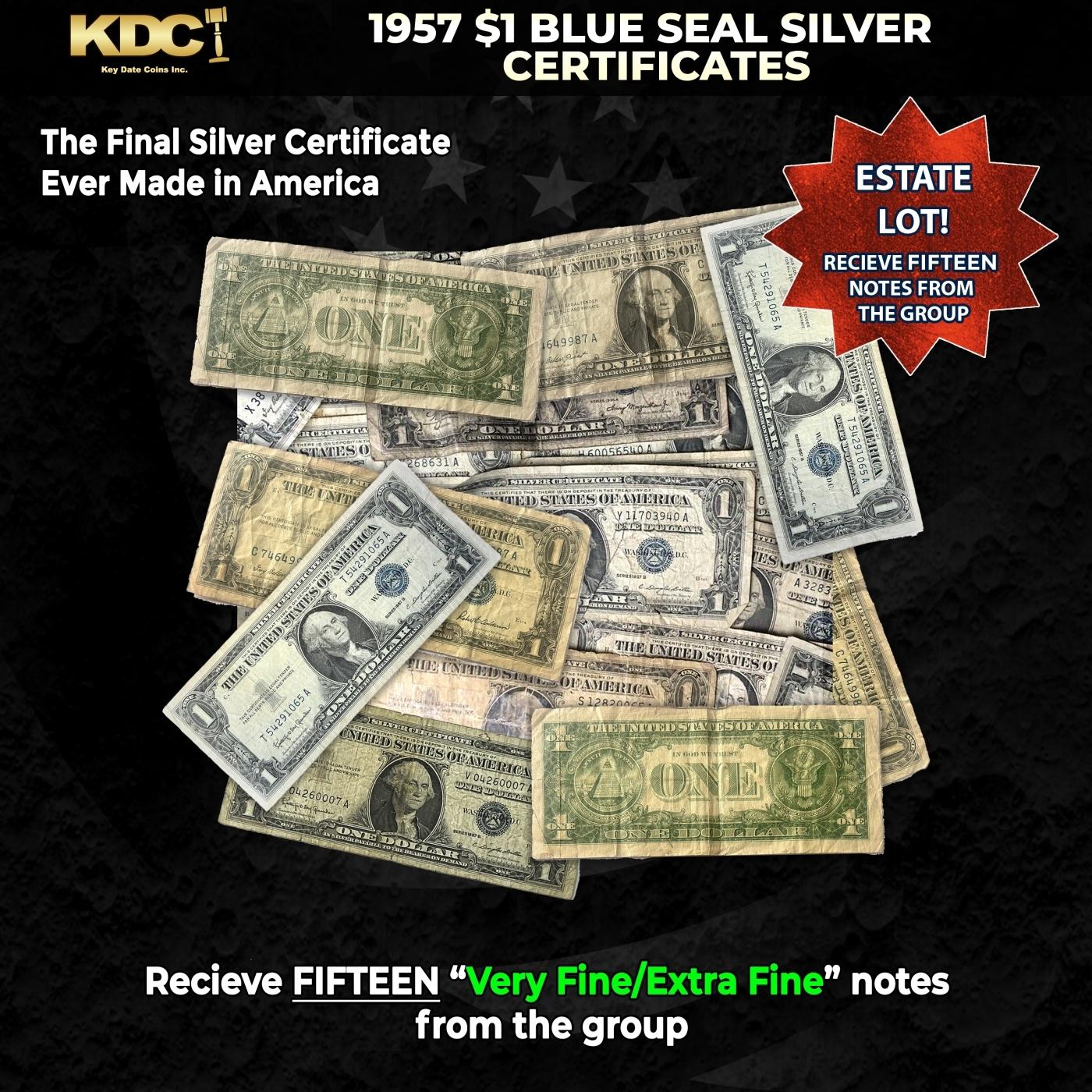 15x 1957 $1 Blue Seal Silver Certificates Grades VF/XF