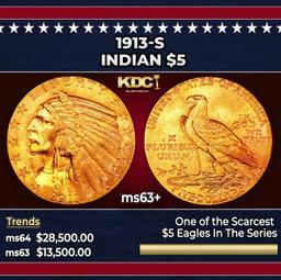 1913-s Gold Indian Half Eagle $5 Select+ Unc USCG