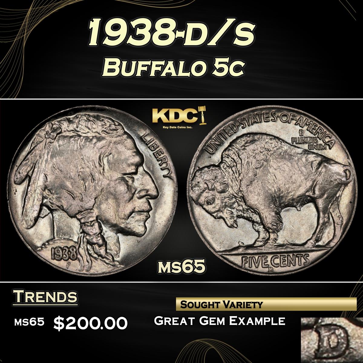 1938-d/s Buffalo Nickel 5c Grades ms65