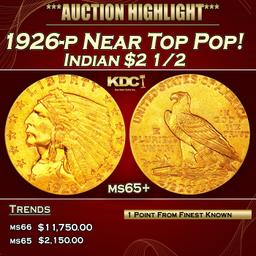 1926-p Gold Indian Quarter Eagle Near Top Pop! $2 1/2 ms65+ SEGS