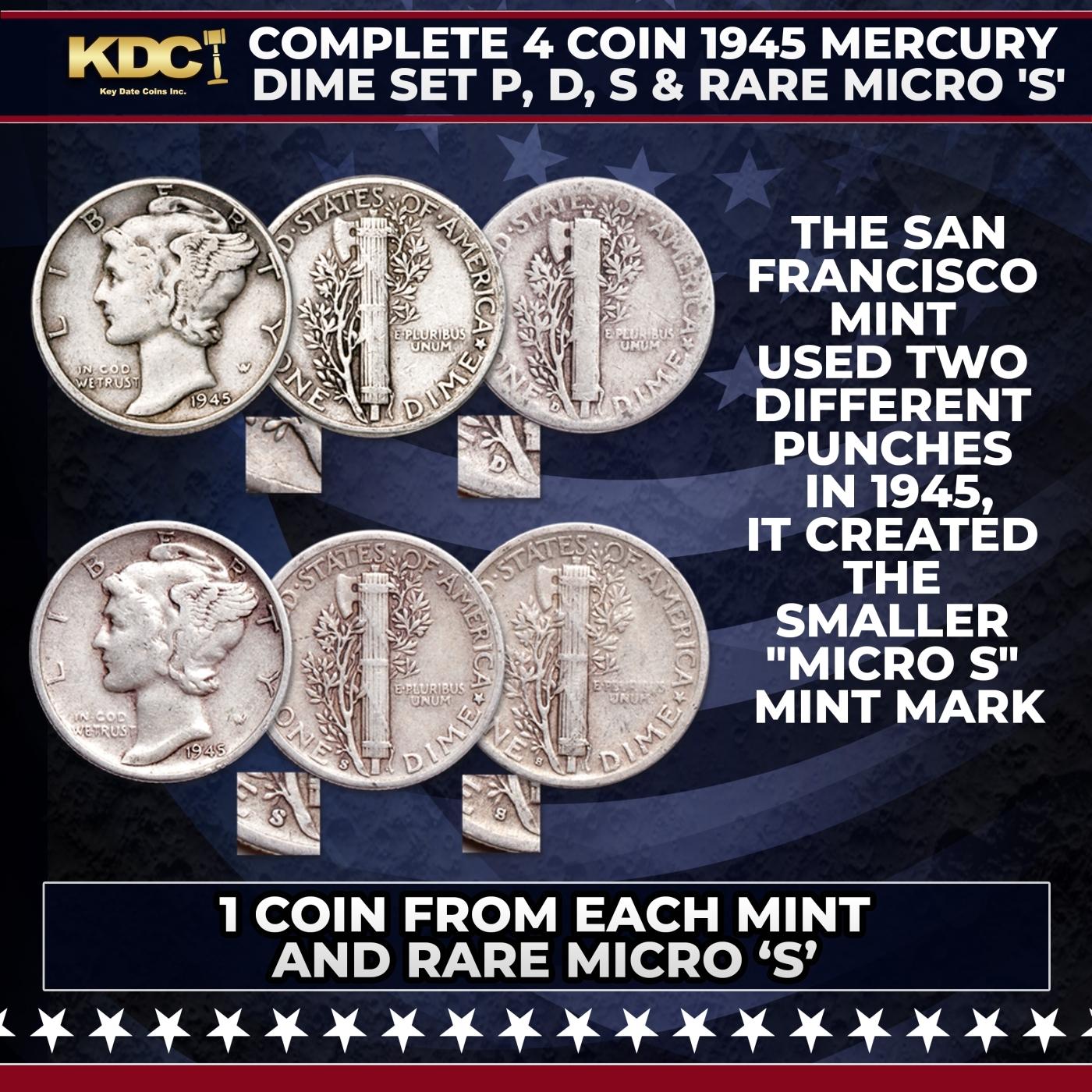 Complete 4 Coin 1945 Mercury Dime Set P, D, S & Rare Micro 'S'