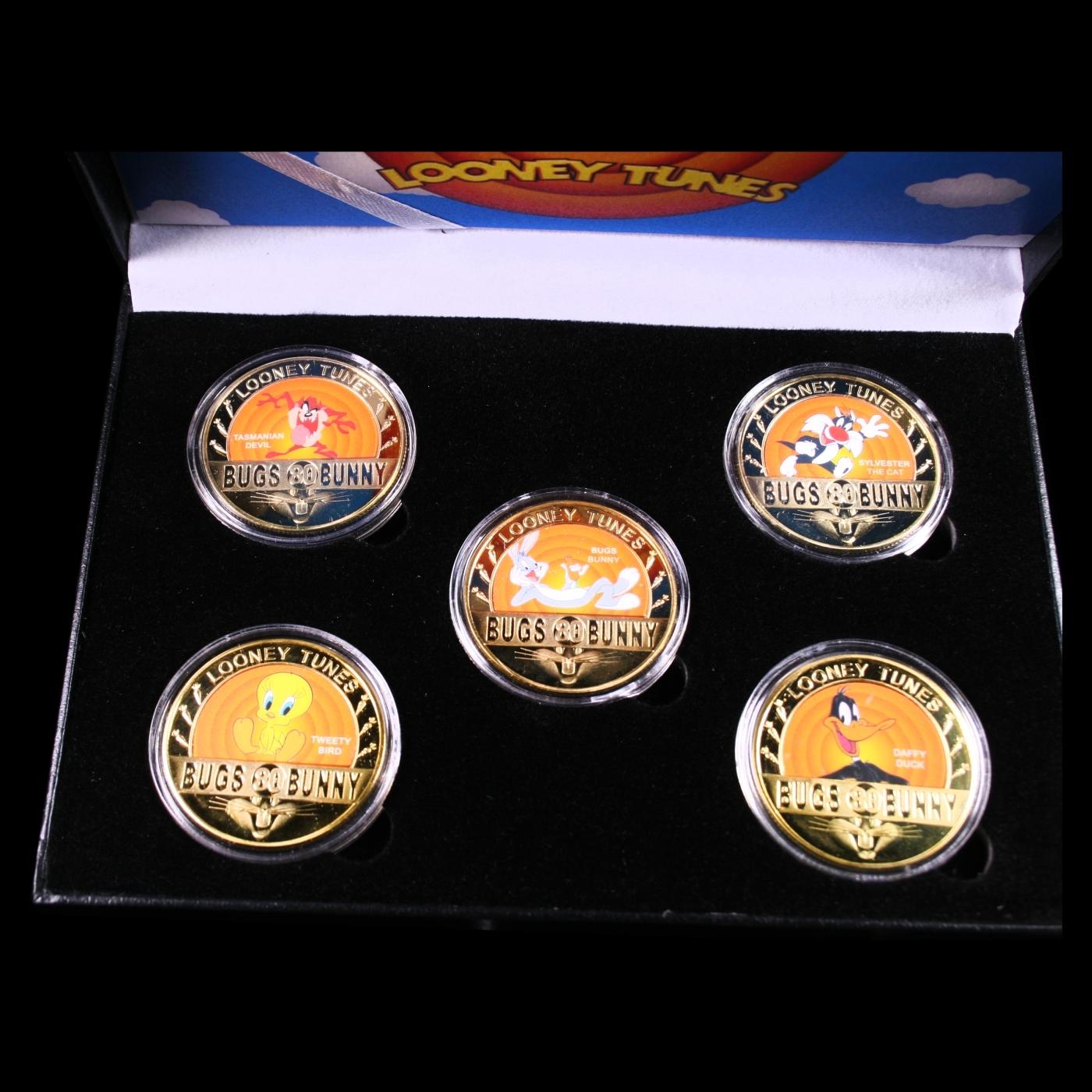 5 Coin Loony Tunes Gold Plated Round Collection Bugs Bunny, Daffy Duck, Tweety, Sylvester, Taz