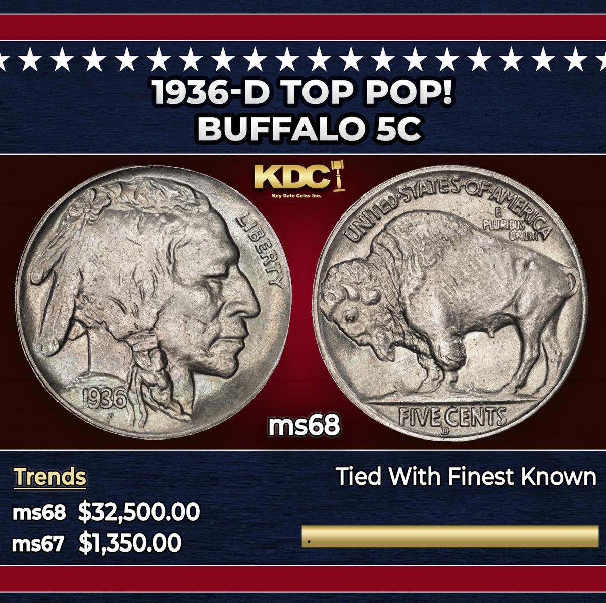 1936-d Buffalo Nickel TOP POP! 5c ms68 SEGS