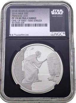 NGC NGC 2016 Star Wars Classic Princess Leia 1oz Silver $2 Australlian Tuvalu Proof pr70 dcam NGC Ot
