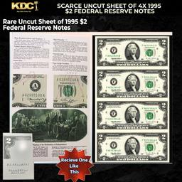 Scarce Uncut Sheet of 4x 1995 $2 Federal Reserve Notes In BeP Folder