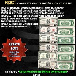 Complete 1953/63 $2 Red Seal United States Note Signature Set 1953, 1953a, 1953b. 1953c, 1963, 1963A