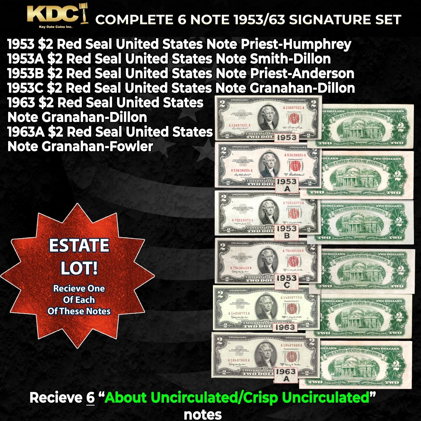 Complete 1953/63 $2 Red Seal United States Note Signature Set 1953, 1953a, 1953b. 1953c, 1963, 1963A