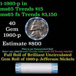BU Shotgun Jefferson 5c roll, 1960-p 40 pcs Bank $2 Nickel Wrapper