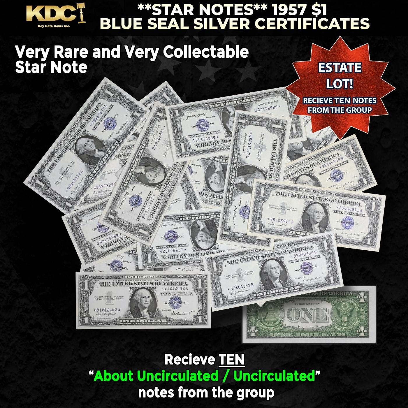 10x **STAR NOTES** 1957 $1 Blue Seal Silver Certificates Grades AU/CU