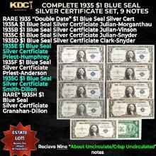 Complete 1935 $1 Blue Seal Silver Certificate Set, 9 Notes 1935-1935H, Including Rare Double Date No