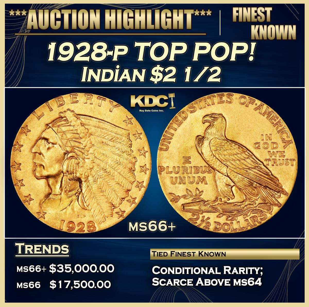 1928-p Gold Indian Quarter Eagle TOP POP! $2 1/2 ms66+ USCG