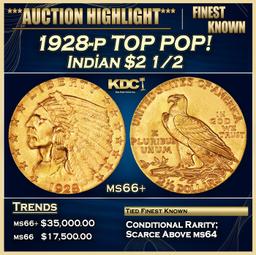 1928-p Gold Indian Quarter Eagle TOP POP! $2 1/2 ms66+ USCG