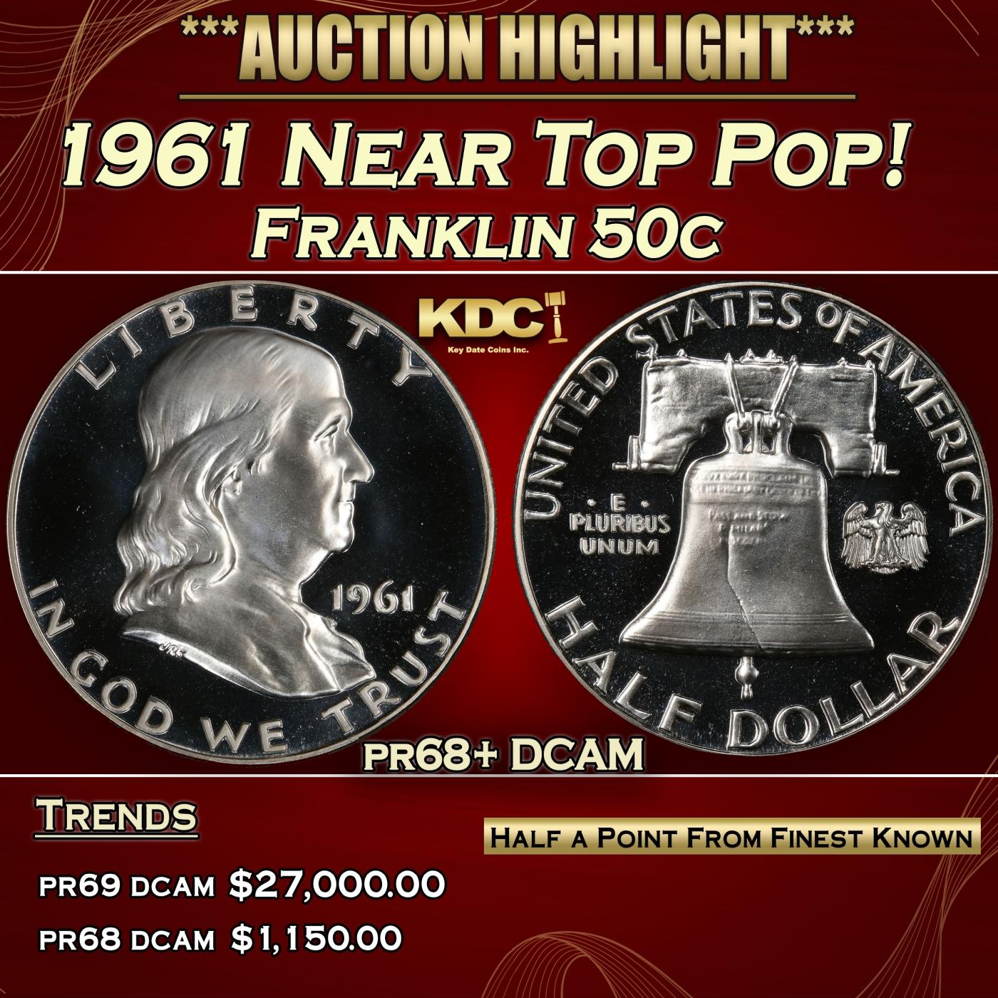 1961 Proof Franklin Half Dollar Near Top Pop! 50c pr68+ DCAM SEGS