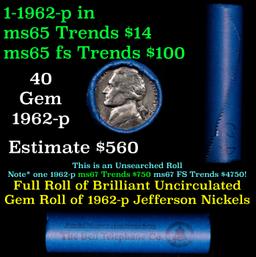 BU Shotgun Jefferson 5c roll, 1962-p 40 pcs Bank $2 Nickel Wrapper