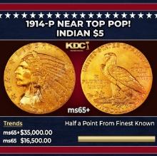 1914-p Gold Indian Half Eagle Near Top Pop! $5 ms65+ USCG