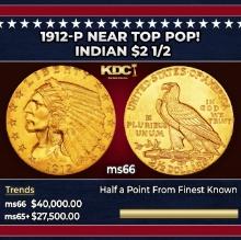 1912-p Gold Indian Quarter Eagle Near Top Pop! $2 1/2 ms66 USCG