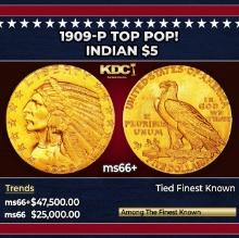 1909-p Gold Indian Half Eagle TOP POP! $5 ms66+ USCG
