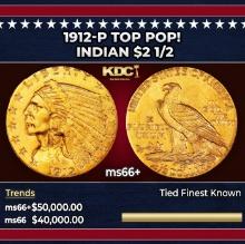 1912-p Gold Indian Quarter Eagle TOP POP! $2 1/2 ms66+ USCG