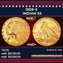 1909-s Gold Indian Half Eagle $5 ms62+ USCG