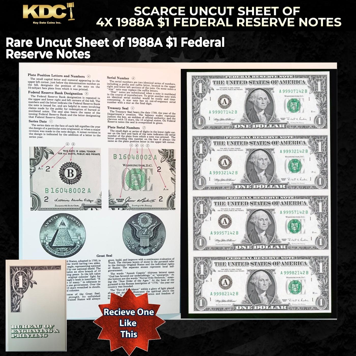 Scarce Uncut Sheet of 4x 1995 $1 Federal Reserve Notes In BeP Folder