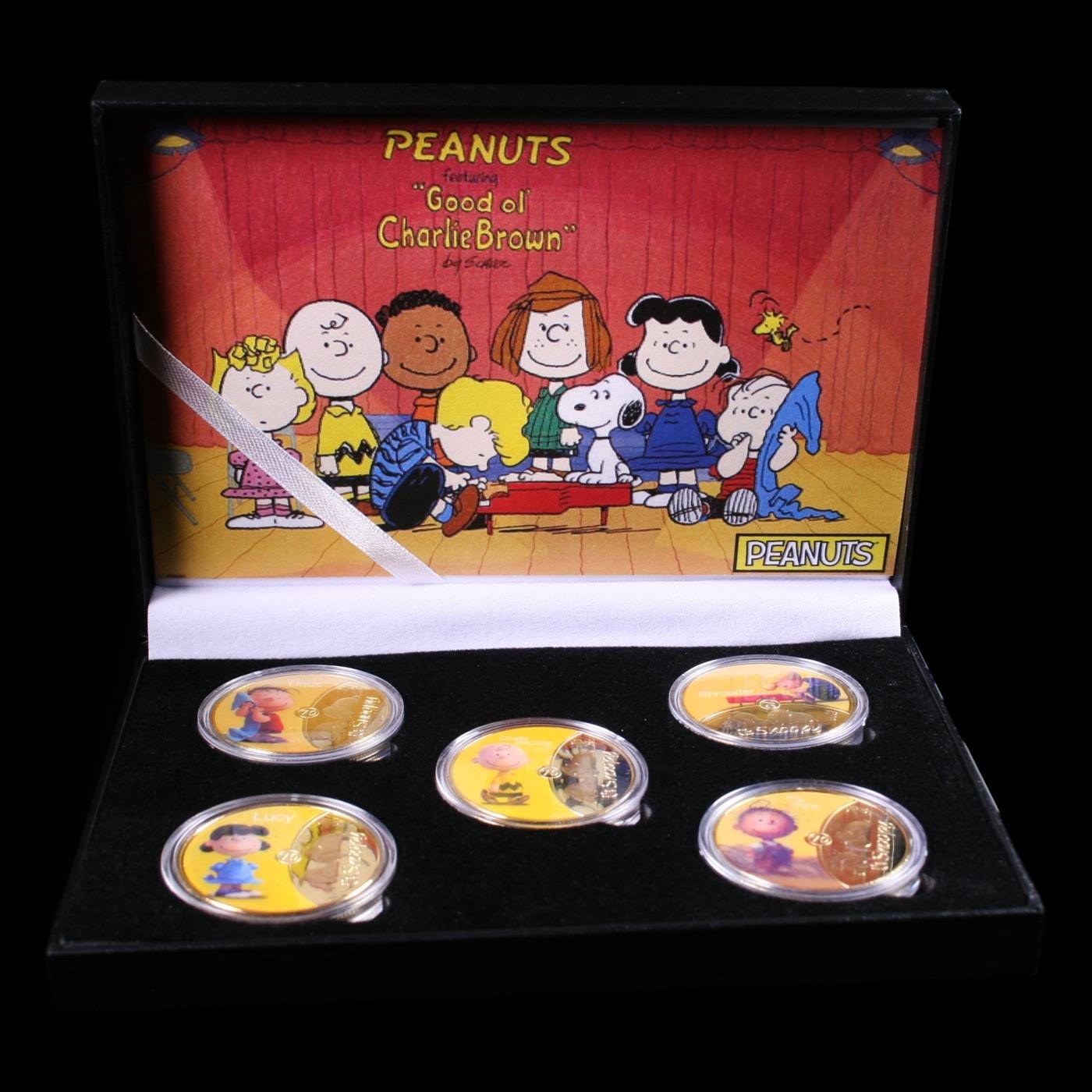 5 Coin Peanuts Gold Plated Round Collection Charlie Brown
