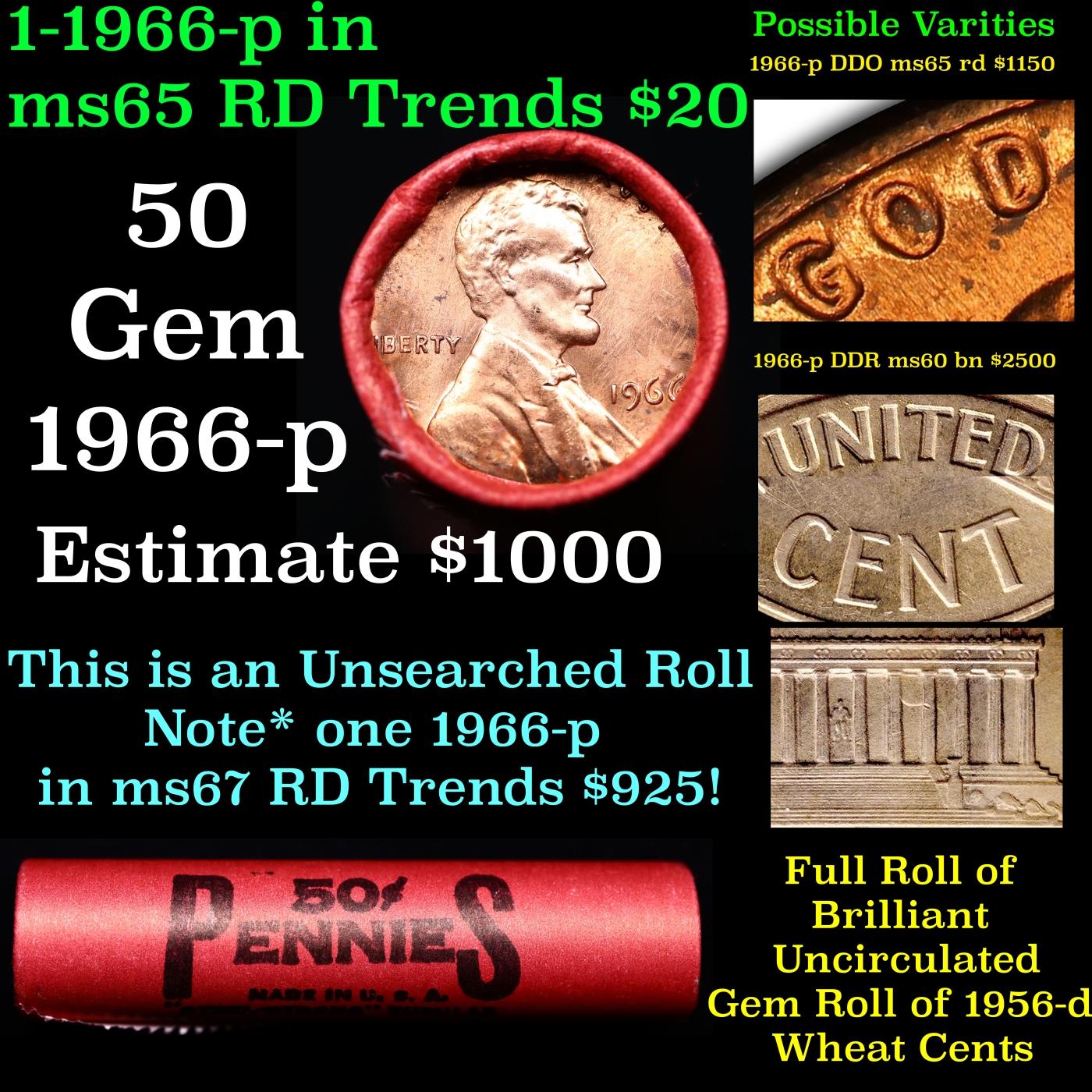 BU Shotgun Lincoln 1c roll, 1966-p 50 pcs Bank Wrapper 50c
