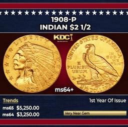 1908-p Gold Indian Quarter Eagle $2 1/2 ms64+ SEGS