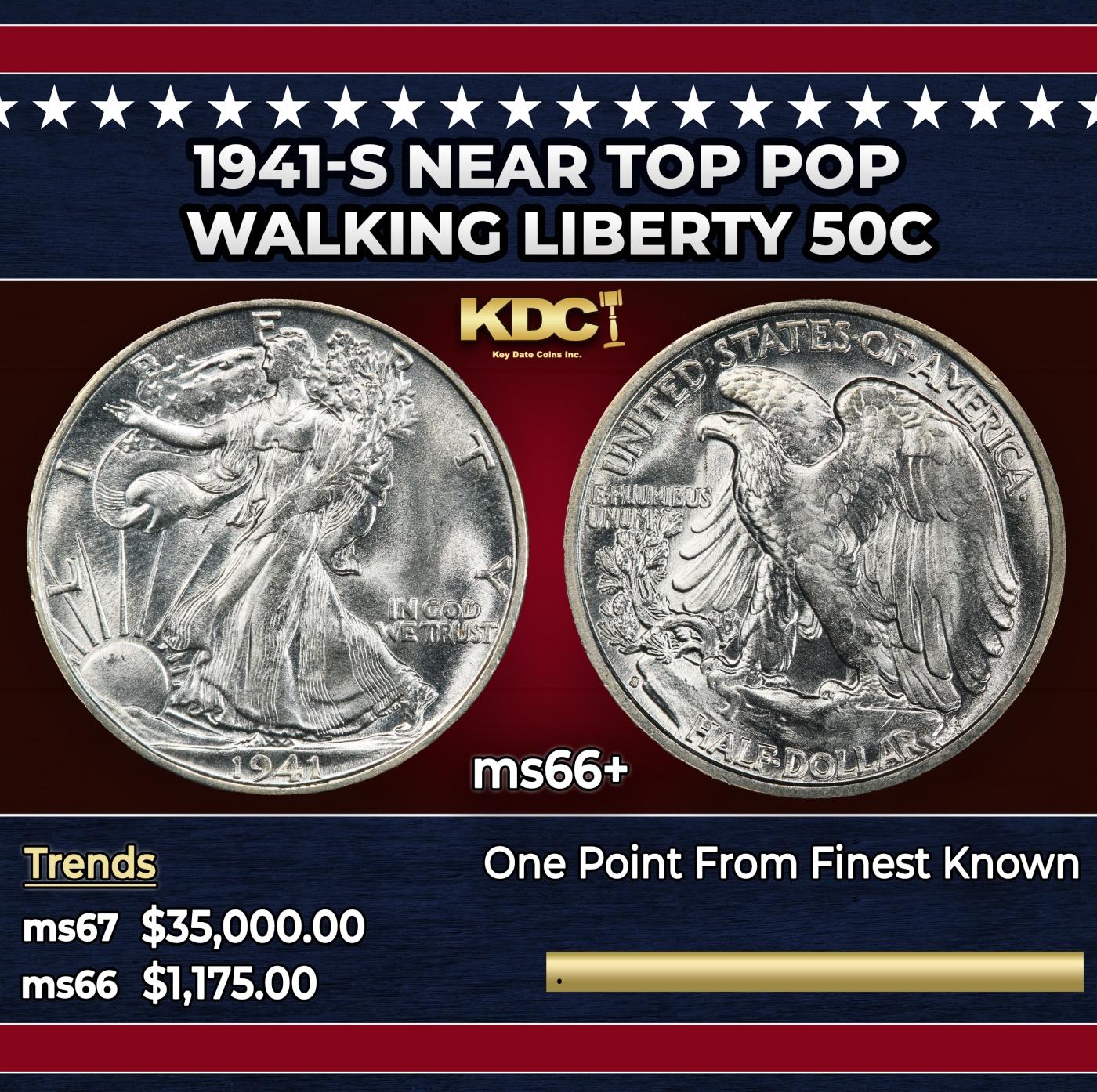 1941-s Walking Liberty Half Dollar Near Top Pop 50c ms66+ SEGS