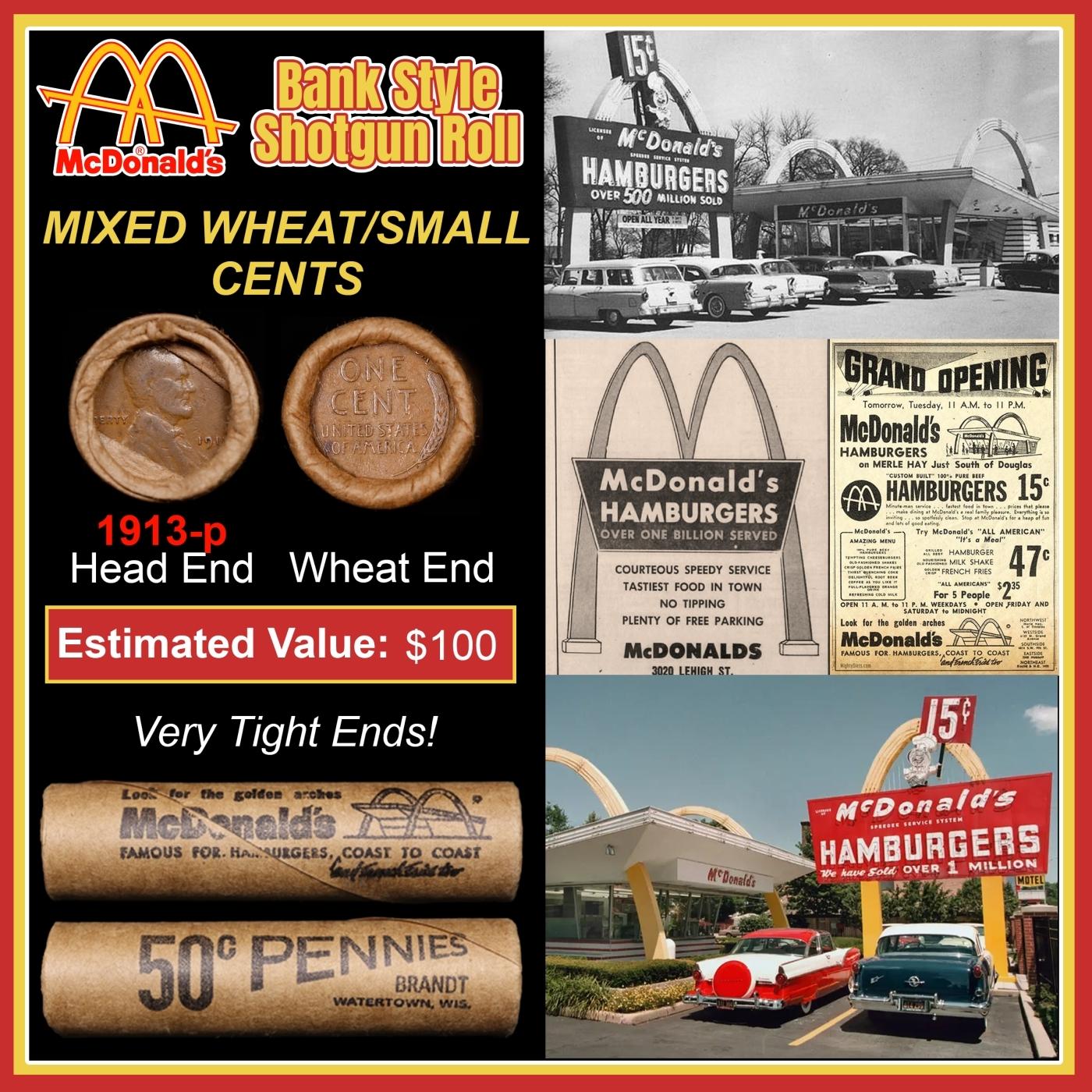 Lincoln Wheat Cent 1c Mixed Roll Orig Brandt McDonalds Wrapper, 1913-p end, Wheat other end