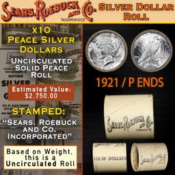 CCX- Uncirculated Peace Dollar 10 Coin Roll SEARS 1921/'P' Rev End