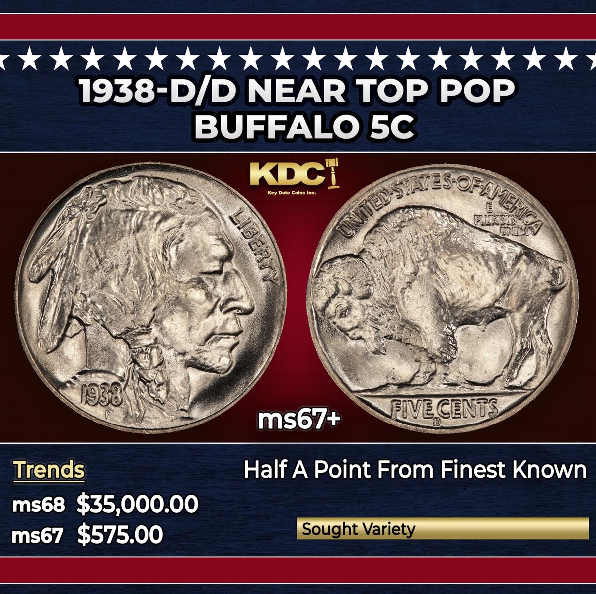 1938-d/d Buffalo Nickel Near Top Pop 5c ms67+ SEGS