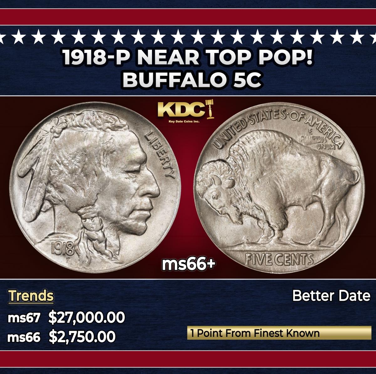 1918-p Buffalo Nickel Near Top Pop! 5c ms66+ SEGS