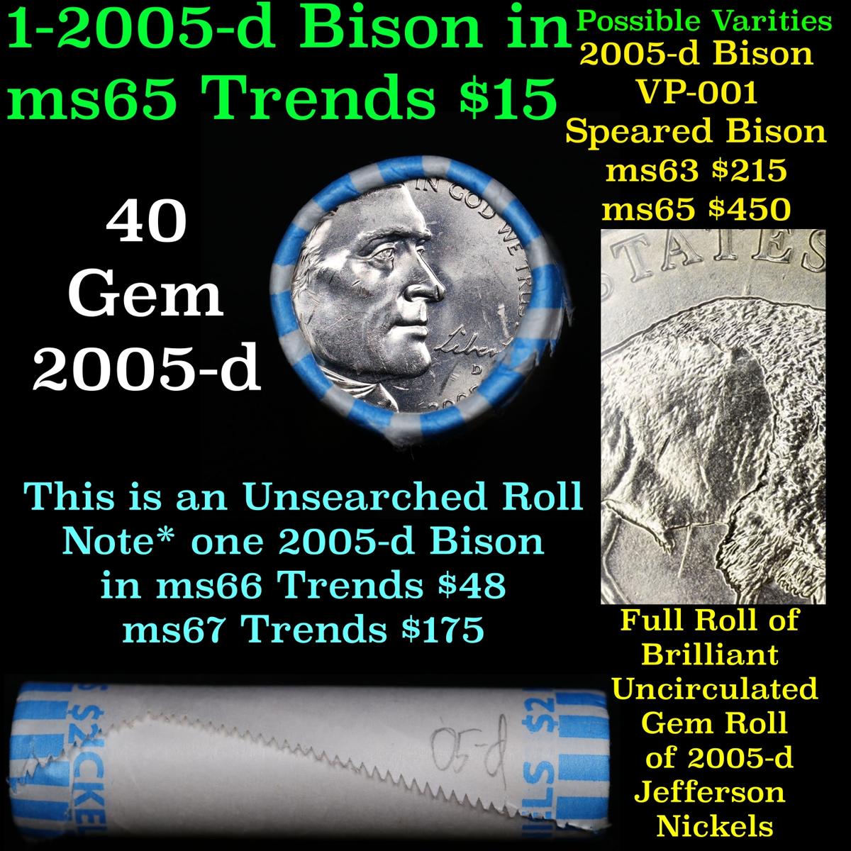 BU Shotgun Jefferson 5c roll, 2005-d Bison 40 pcs Bank $2 Nickel Wrapper