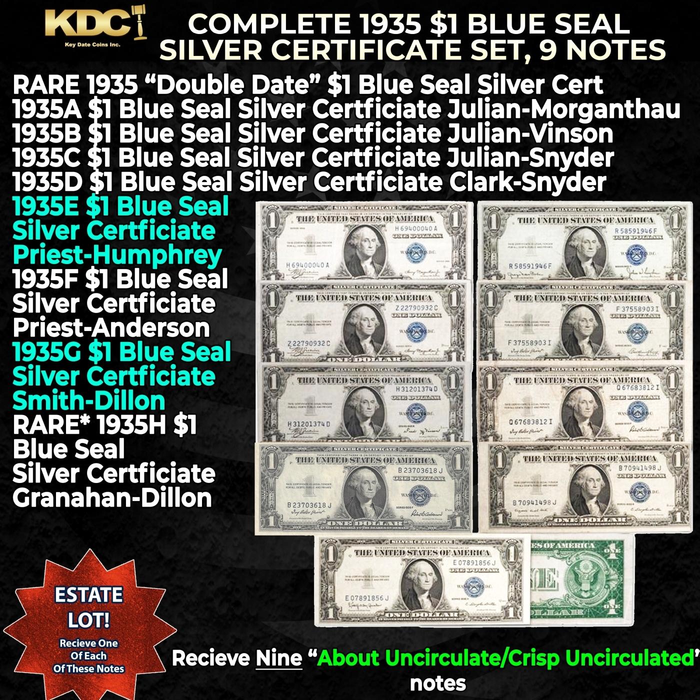 Complete 1935 $1 Blue Seal Silver Certificate Set, 9 Notes 1935-1935H, Including Rare Double Date No