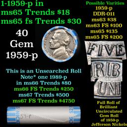 BU Shotgun Jefferson 5c roll, 1959-p 40 pcs Bank $2 Nickel Wrapper