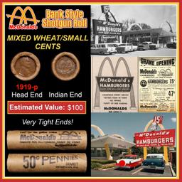 Lincoln Wheat Cent 1c Mixed Roll Orig Brandt McDonalds Wrapper, 1919-p end, Indian other end
