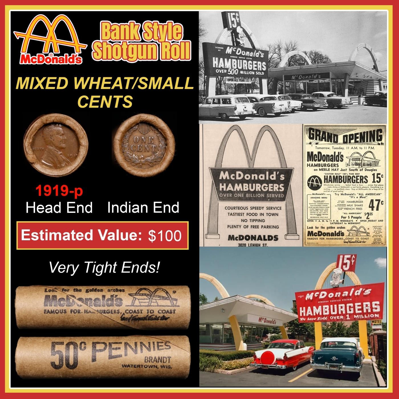 Lincoln Wheat Cent 1c Mixed Roll Orig Brandt McDonalds Wrapper, 1919-p end, Indian other end