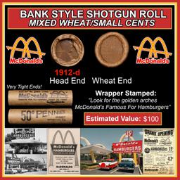 Lincoln Wheat Cent 1c Mixed Roll Orig Brandt McDonalds Wrapper, 1912-d end, Wheat other end